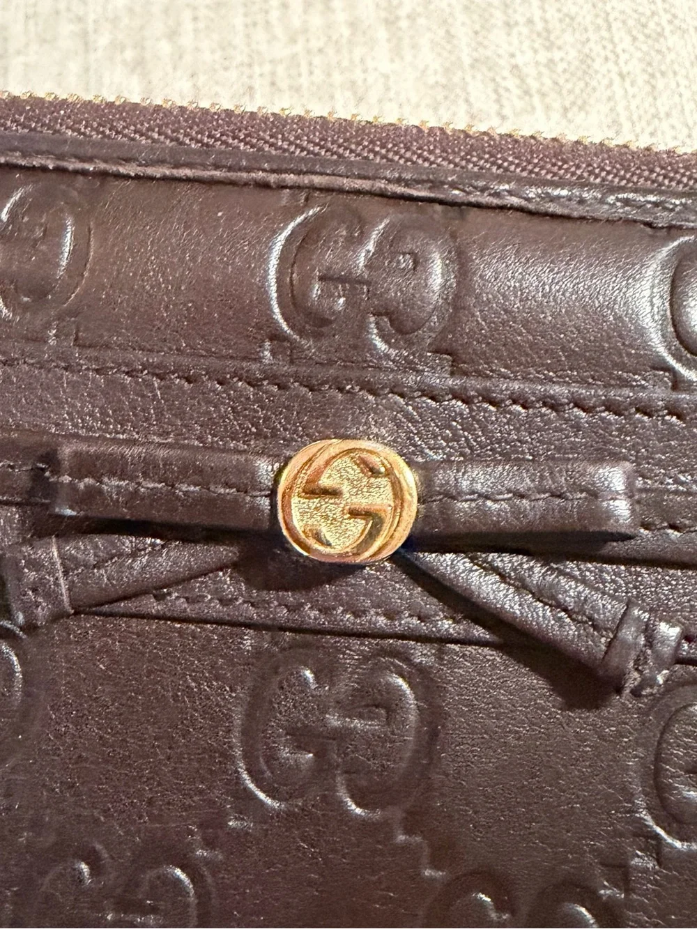 Gucci Dark Brown Embossed GG Leather Continental Wallet with Gold Button